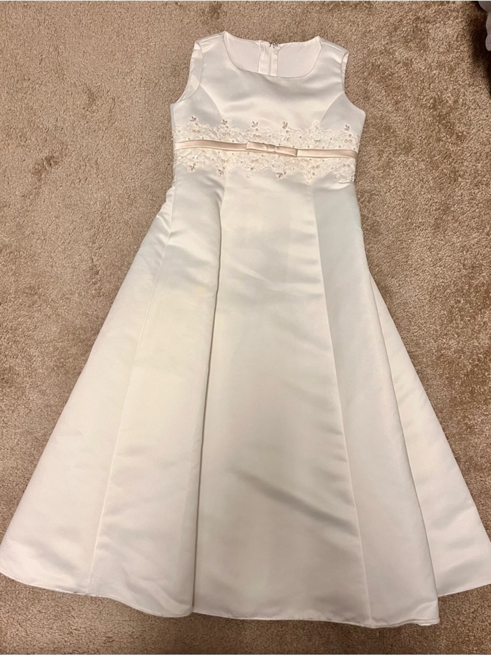 David's Bridal Ivory Satin Girls Formal Dress with Floral Waistband and Bow